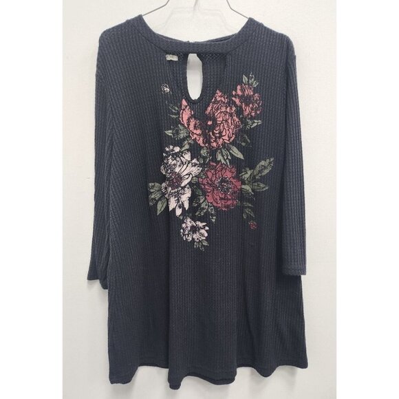 Maurices Tops - Maurices Womens Cutout Neck Thermal Tunic Top Size XL Black Floral 3/4 Sleeve